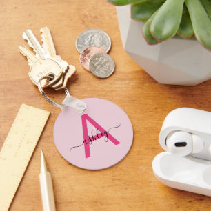 Hot Pink Modern Script Girly Monogram Name Key Ring