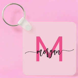 Hot Pink Modern Script Girly Monogram Name Key Ring