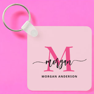 Hot Pink Modern Script Girly Monogram Name Key Ring