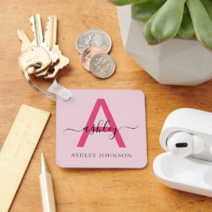 Hot Pink Modern Script Girly Monogram Name Key Ring
