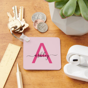 Hot Pink Modern Script Girly Monogram Name Key Ring