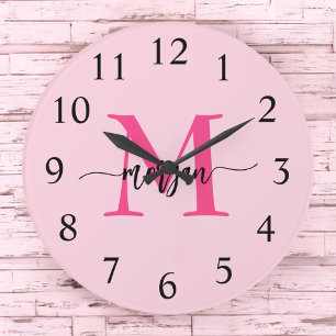 Hot Pink Modern Script Girly Monogram Name Large Clock