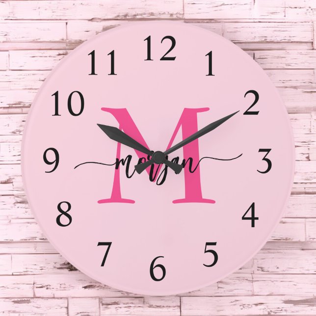 Hot Pink Modern Script Girly Monogram Name  Large Clock (Creator Uploaded)