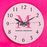 Hot Pink Modern Script Girly Monogram Name  Large Clock<br><div class="desc">Make a bold statement in your space with our Hot Pink Modern Script Girly Monogram Name Large Clock! Featuring a vibrant hot pink design and personalised with your name in an elegant modern script, this clock adds a stylish and personal touch to any room. Perfect for bedrooms, offices, or living...</div>