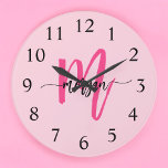 Hot Pink Modern Script Girly Monogram Name  Large Clock<br><div class="desc">Make a bold statement in your space with our Hot Pink Modern Script Girly Monogram Name Large Clock! Featuring a vibrant hot pink design and personalised with your name in an elegant modern script, this clock adds a stylish and personal touch to any room. Perfect for bedrooms, offices, or living...</div>