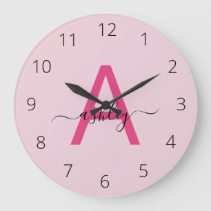 Hot Pink Modern Script Girly Monogram Name Large Clock