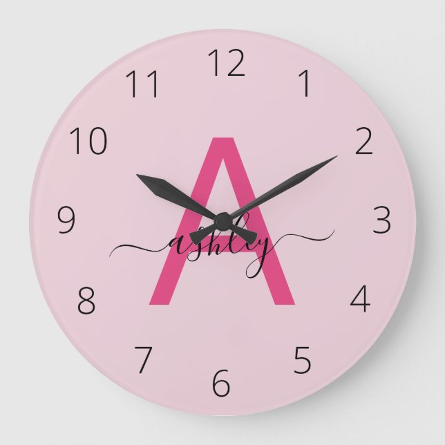 Hot Pink Modern Script Girly Monogram Name Large Clock (Front)