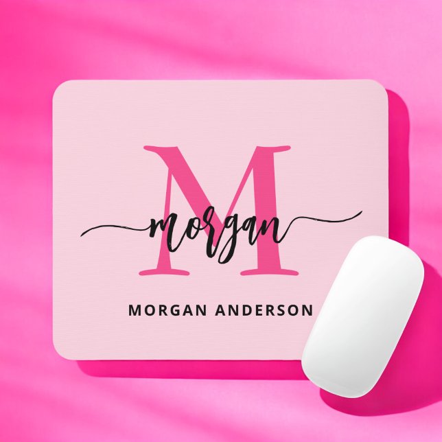Hot Pink Modern Script Girly Monogram Name Mouse Pad (Creator Uploaded)