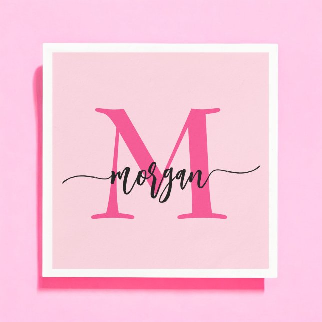 Hot Pink Modern Script Girly Monogram Name Napkin (Creator Uploaded)