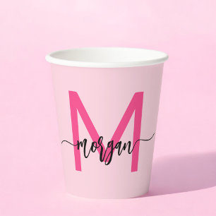 Hot Pink Modern Script Girly Monogram Name Paper Cups
