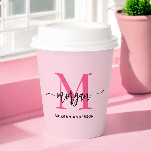 Hot Pink Modern Script Girly Monogram Name Paper Cups (Creator Uploaded)