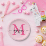 Hot Pink Modern Script Girly Monogram Name Paper Plate<br><div class="desc">Add a touch of chic to your celebrations with our Hot Pink Modern Script Girly Monogram Name Paper Plates! Featuring a vibrant hot pink design, these plates are personalised with your name in an elegant modern script for a custom, stylish touch. Perfect for birthdays, parties, or any special occasion, they...</div>