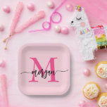 Hot Pink Modern Script Girly Monogram Name Paper Plate<br><div class="desc">Add a touch of chic to your celebrations with our Hot Pink Modern Script Girly Monogram Name Paper Plates! Featuring a vibrant hot pink design, these plates are personalised with your name in an elegant modern script for a custom, stylish touch. Perfect for birthdays, parties, or any special occasion, they...</div>