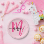 Hot Pink Modern Script Girly Monogram Name Paper Plate<br><div class="desc">Add a touch of chic to your celebrations with our Hot Pink Modern Script Girly Monogram Name Paper Plates! Featuring a vibrant hot pink design, these plates are personalised with your name in an elegant modern script for a custom, stylish touch. Perfect for birthdays, parties, or any special occasion, they...</div>