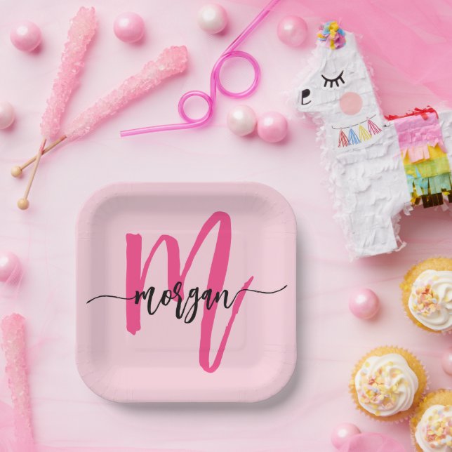 Hot Pink Modern Script Girly Monogram Name Paper Plate (Party)