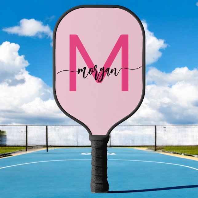 Hot Pink Modern Script Girly Monogram Name Pickleball Paddle (Creator Uploaded)