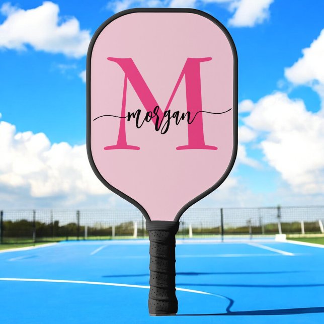 Hot Pink Modern Script Girly Monogram Name Pickleball Paddle (Creator Uploaded)