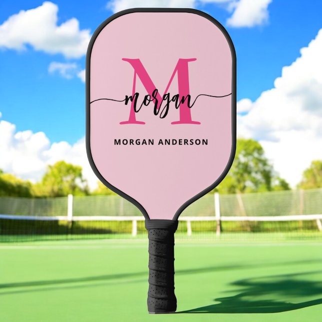 Hot Pink Modern Script Girly Monogram Name Pickleball Paddle (Creator Uploaded)