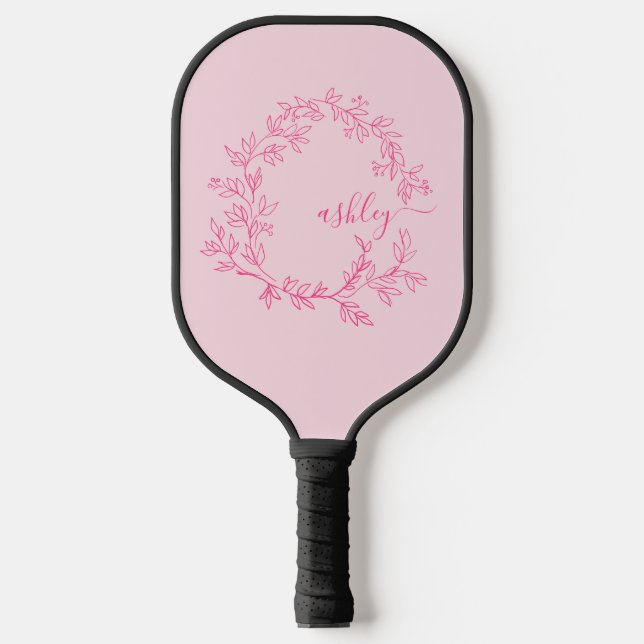 Hot Pink Modern Script Girly Monogram Name Pickleball Paddle (Front)
