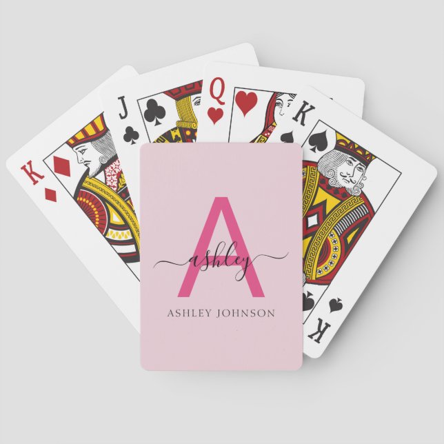 Hot Pink Modern Script Girly Monogram Name Playing Cards (Back)