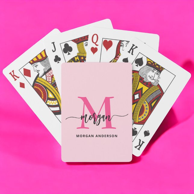 Hot Pink Modern Script Girly Monogram Name Playing Cards (Creator Uploaded)