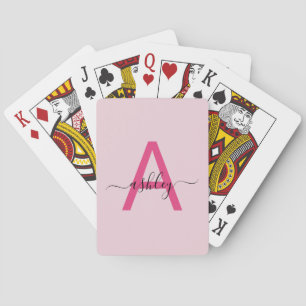 Hot Pink Modern Script Girly Monogram Name Playing Cards