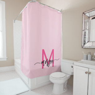 Hot Pink Modern Script Girly Monogram Name Shower Curtain