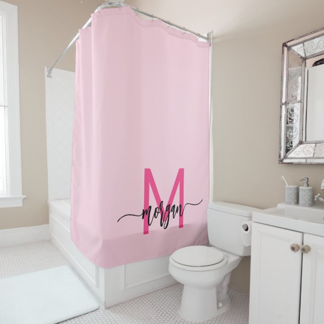 Hot Pink Modern Script Girly Monogram Name Shower Curtain (In Situ)