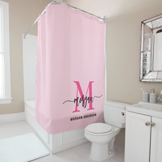 Hot Pink Modern Script Girly Monogram Name Shower Curtain (In Situ)