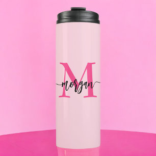 Hot Pink Modern Script Girly Monogram Name Thermal Tumbler