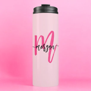 Hot Pink Modern Script Girly Monogram Name Thermal Tumbler