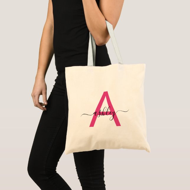 Hot Pink Modern Script Girly Monogram Name Tote Bag (Front (Product))