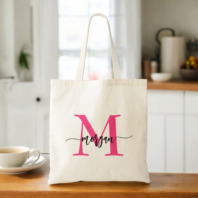 Hot Pink Modern Script Girly Monogram Name Tote Bag (Creator Uploaded)