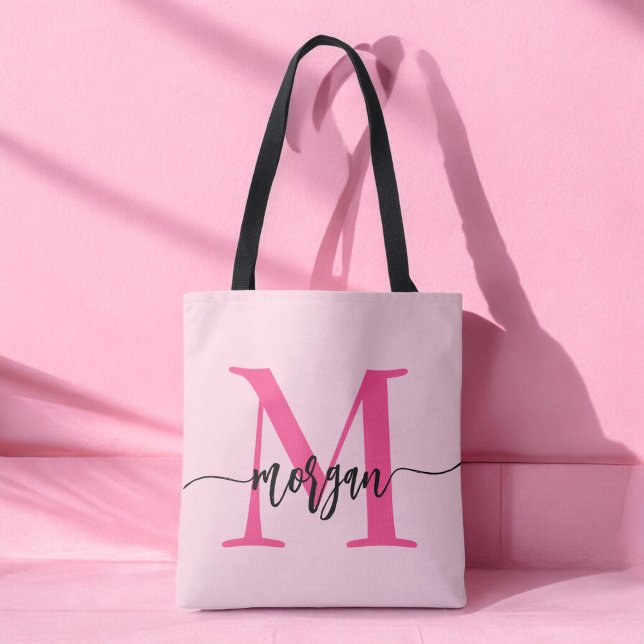 Hot Pink Modern Script Girly Monogram Name Tote Bag (Creator Uploaded)