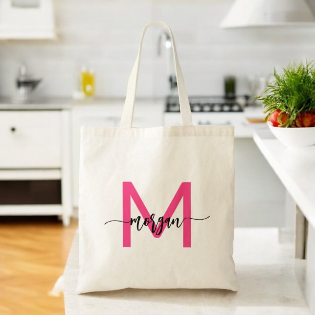 Hot Pink Modern Script Girly Monogram Name Tote Bag (Creator Uploaded)