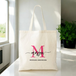 Hot Pink Modern Script Girly Monogram Name Tote Bag