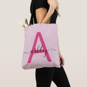 Hot Pink Modern Script Girly Monogram Name Tote Bag