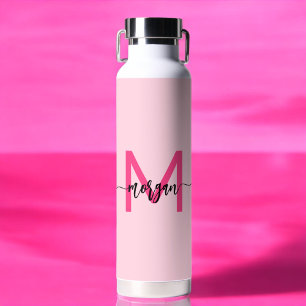 Hot Pink Modern Script Girly Monogram Name Water Bottle