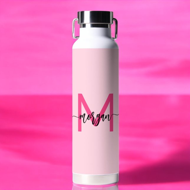 Hot Pink Modern Script Girly Monogram Name Water Bottle (Creator Uploaded)