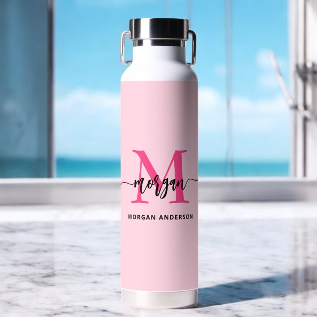 Hot Pink Modern Script Girly Monogram Name Water Bottle (Creator Uploaded)