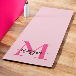 Hot Pink Modern Script Girly Monogram Name Yoga Mat