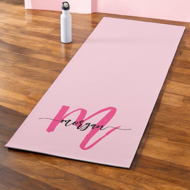 Hot Pink Modern Script Girly Monogram Name Yoga Mat (Creator Uploaded)