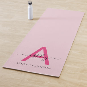 Hot Pink Modern Script Girly Monogram Name Yoga Yoga Mat