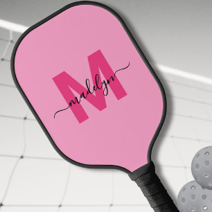 Hot Pink Modern Script Name Girly Monogram Pickleball Paddle