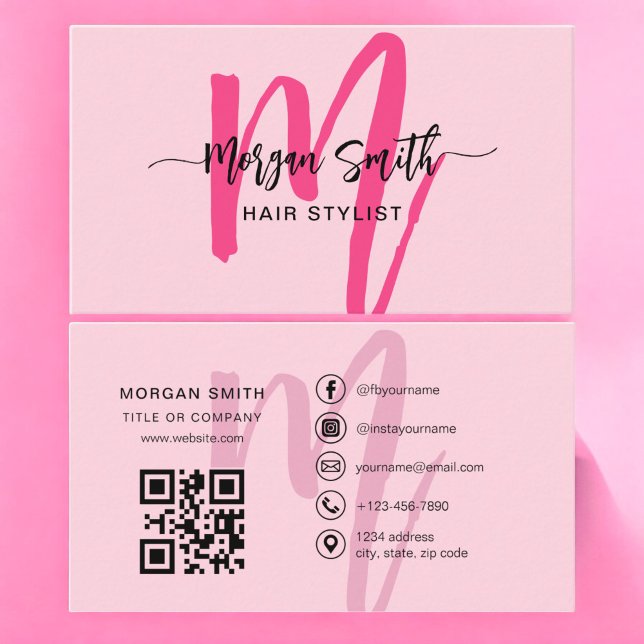 Hot Pink Modern Script QR Code Monogram Name Business Card (Creator Uploaded)