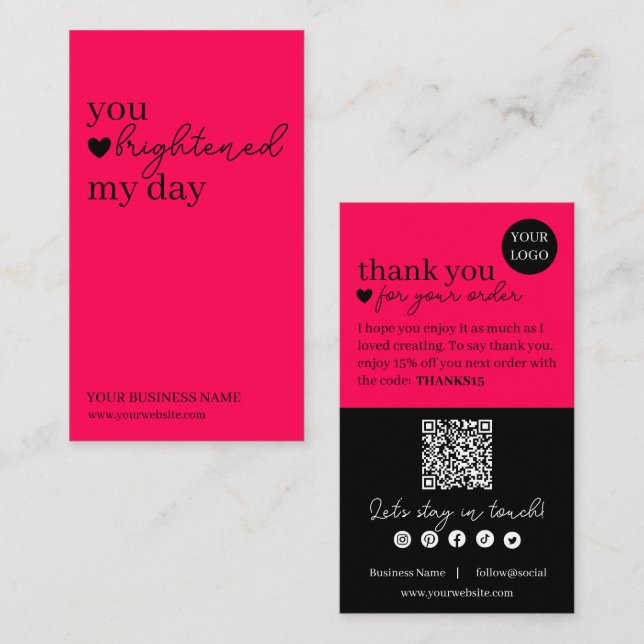 Hot Pink Modern Script QR Code, Thank You Candle Business Card (Front/Back)