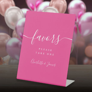 Hot Pink Modern Script Wedding Favors Table Pedestal Sign