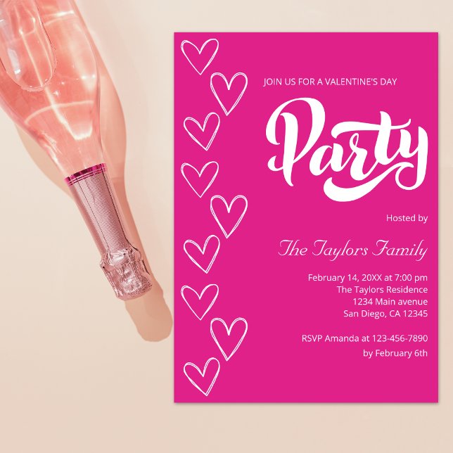 Hot Pink Modern White Hearts Valentine's Day Party Invitation (Creator Uploaded)