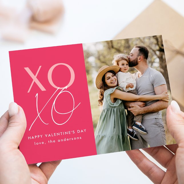 Hot Pink Modern XOXO Valentine's Day Photo Holiday Card (Creator Uploaded)