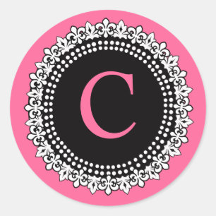 Hot Pink Monogram C Fleur de Lis Wedding Sticker